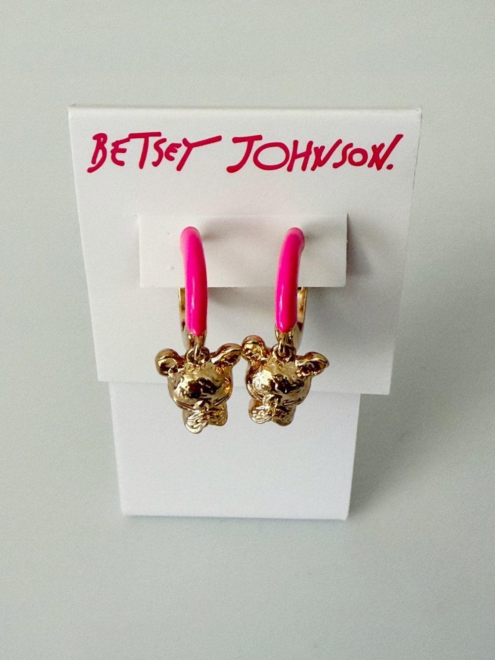 Betsey Johnson Frenchie Dog Gold Tone Hot Pink Dangle Round Earrings NWT